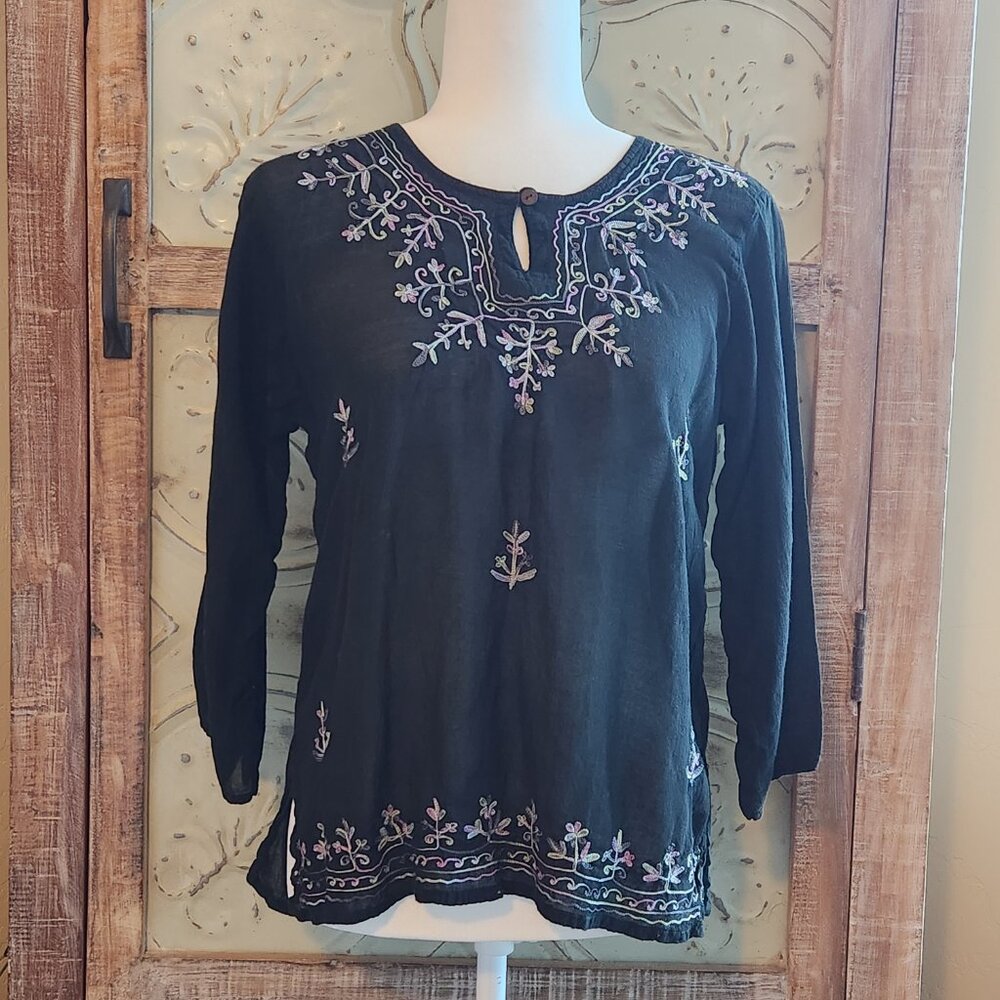 Black Embroidered Peasant Blouse | Medium